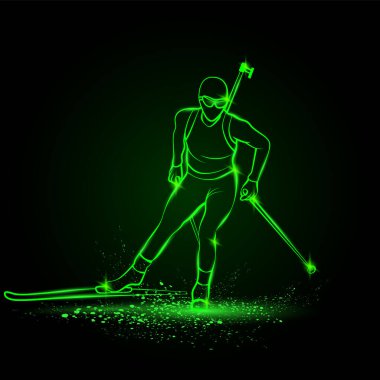 Biatlon kış sporu. Biatlon kızı lineer siluet kayak. Ön görüş vektörü yeşil neon biatlon kayak illüstrasyonu.
