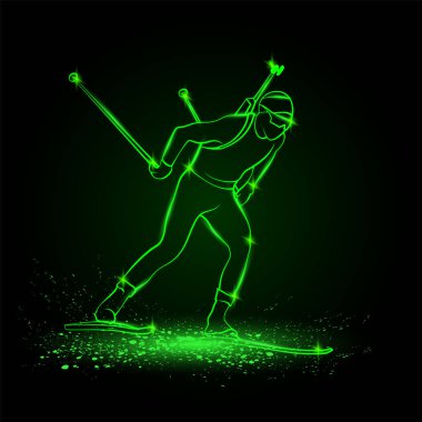 Biatlon kış sporu. Biatlon adam lineer siluet kayak. Yan görüş vektörü yeşil neon biatlon yarışmacısı illüstrasyonu.