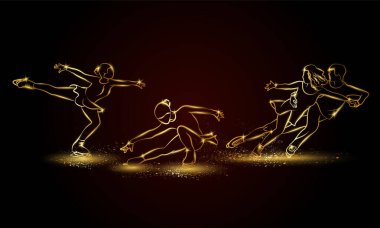 Artistik patinaj seti. Spor afişi, arkaplan ve broşür için altın doğrusal tekli ve çift artistik patinaj illüstrasyonu.