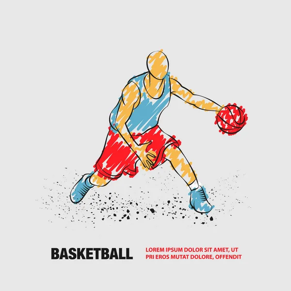 Basketspelare med boll. Vektor kontur av basket spelare med klotter stil. — Stock vektor