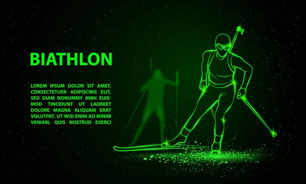 Биатлон зимний спортивный баннер. Девушка по биатлону и другой спортсмен за лыжами. Векторно-зелёный биатлон . — стоковый вектор