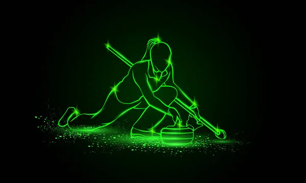 Curling vinter sport. Flickan håller i curlingstenen. Sidovy vektor grön neon Curler idrottare illustration. — Stock vektor