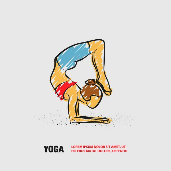Scorpion yoga pose. Vector outline of woman practices yoga with scribble doodles style. — 스톡 벡터