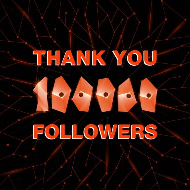 Teşekkürler 100.000 takipçi, teşekkürler pankart. Sosyal ağlar için çokgen numaraları ve sinirsel ağ geçmişine sahip tebrik kartı takip edin. Blogcu yeni üye sayısını kutladı.