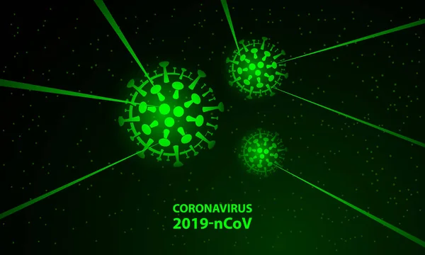 Células de virus de neón verde y banner de rayos láser brillante. Vector brillante símbolo de la célula del coronavirus del neón para la plantilla oscura de la bandera de la identificación epidémica . — Archivo Imágenes Vectoriales