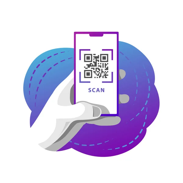 Main masculine tient un téléphone avec écran de balayage de code QR. Autocollant isolé vectoriel avec paiement par code QR sur smartphone . — Image vectorielle