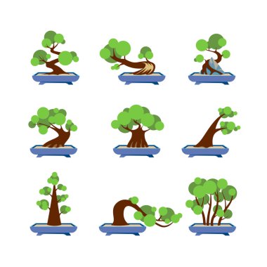 Vektör Düz Bonsai Styles Set. Beyaz arkaplanda yeşil bonsai ağacı simgeleri.