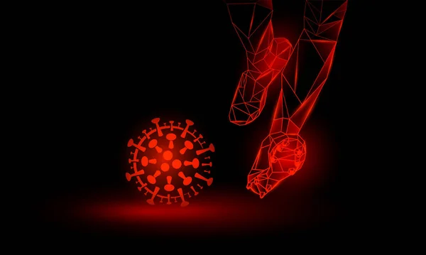 Foci a koronavírus ellen. Poligonális futball kezdőrúgás illusztráció. Láb és vírussejt. — Stock Vector