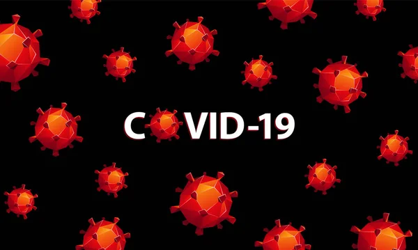 Червоні багатокутні клітини коронавірусу на чорному тлі. Банер тексту Covid-19 і низькі частинки полікоронавірусу навколо . — стоковий вектор