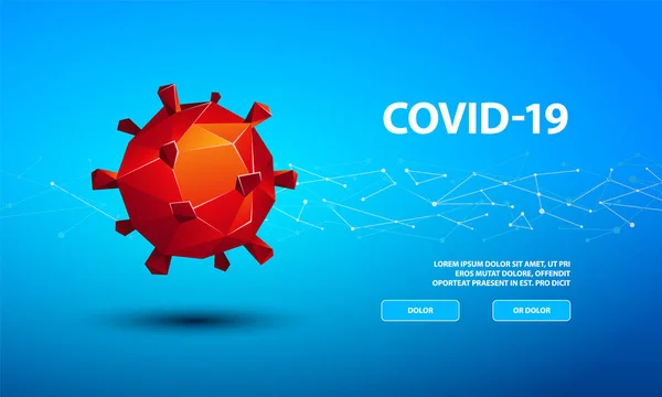 Vector Poligonal Coronavirus microorganismo Modelo 3D. Celda roja baja del poli Coronavirus Covid-19 sobre fondo tecnológico azul para la plantilla de landing page . — Archivo Imágenes Vectoriales