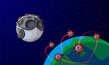 Tıbbi maskeli çizgi film uydusu ve Coronavirus hücreleri COVID-19 ile Dünya gezegenine bulaşmış..