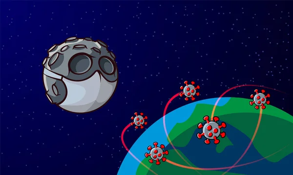 Luna de dibujos animados en máscara médica y planeta Tierra infectado por células coronavirus COVID-19 . — Vector de stock