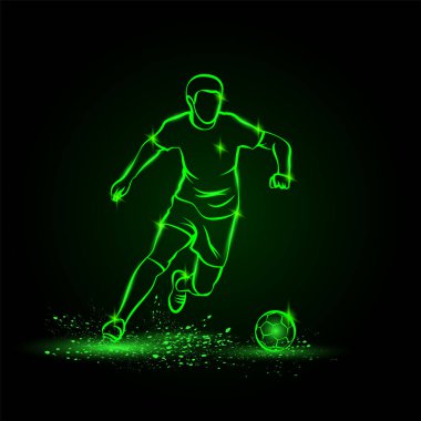 Futbolcu topla salya akıtıyor. Vektör Futbol sporu yeşil neon illüstrasyon