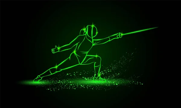 Kvinnlig Fäktare Attackerande Pose Vektor Fäktning Sport Grön Neon Illustration — Stock vektor