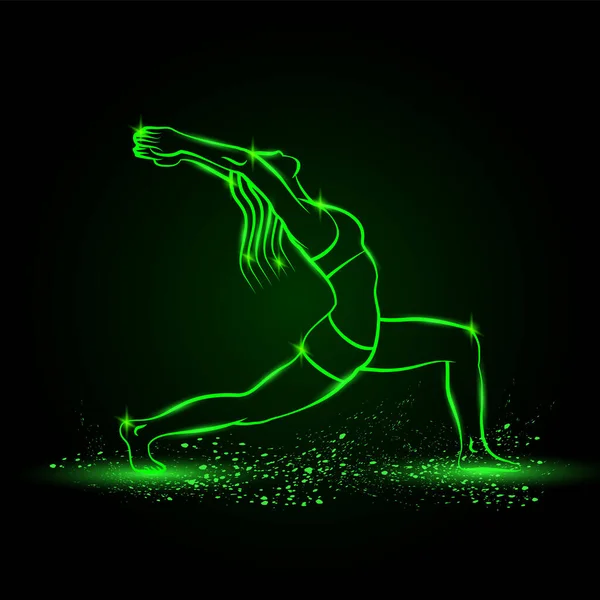 Ragazza Pratica Yoga Warrior Una Posa Illustrazione Neon Verde Vettoriale — Vettoriale Stock