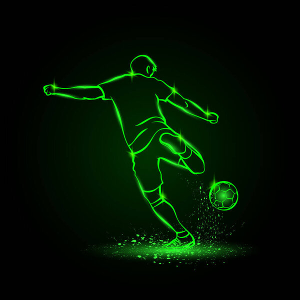 Футбольный нападающий, вид сзади. Футболист бьет по мячу в темноте. Неоновая иллюстрация векторного футбола
