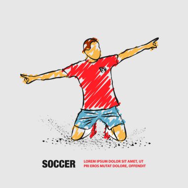 Futbolcu gol kutluyor. Karalama tarzında futbolcunun vektör çizgisi.
