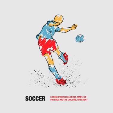 Futbolcu topa vuruyor. Arkadan bak. Karalama tarzında futbolcunun vektör çizgisi.