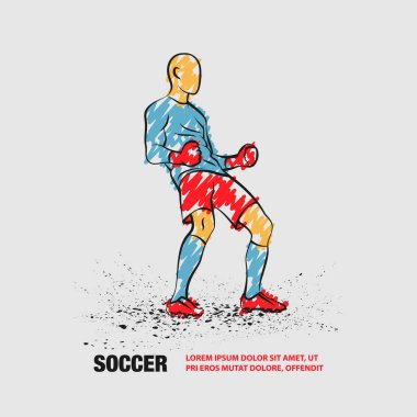 Futbolun galibi bir futbolcunun silueti. Karalama tarzında futbolcunun vektör çizgisi.
