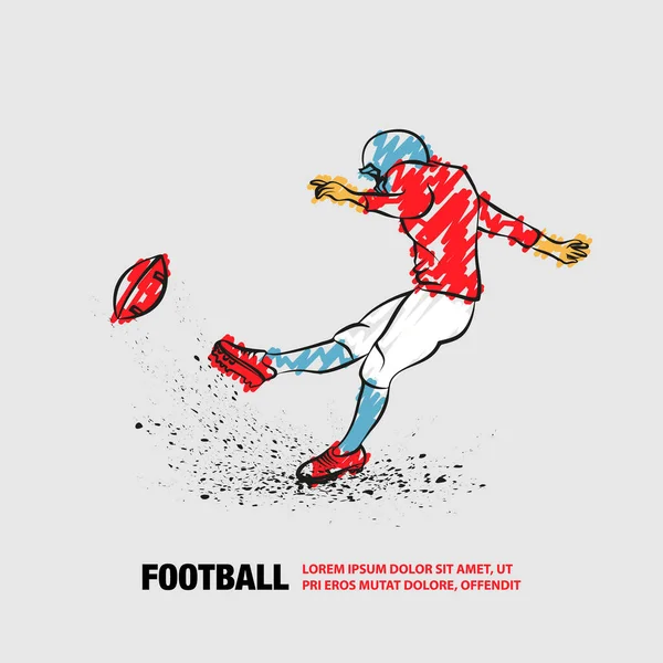 American-Football-Kicker trifft den Ball. Vektorumriss eines Fußballers mit Kritzelei-Stil. — Stockvektor
