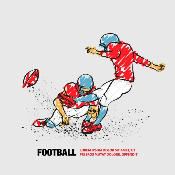 Amerikansk fotboll Kicker träffar bollen. Vektor kontur av fotbollsspelare med klotter stil. — Stock vektor