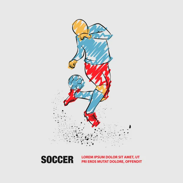 Joueur de football se bat avec le ballon sur le talon. contour vectoriel du joueur de football avec gribouillis style gribouillis . — Image vectorielle