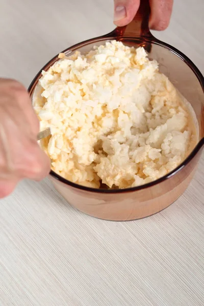 Stir Cooked Rice Mashed Eggs Cream Making Salmon Puff Pastry — Stock Photo, Image