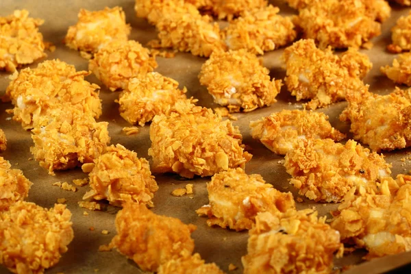 Making Oven Baked Corn Flake Crumbs Chicken Nuggets Series — Stock Photo, Image