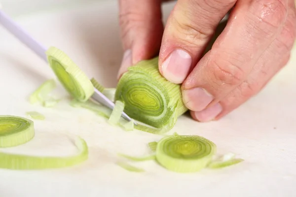 Slicing Leek. Making Chicken, Cheese and Leek Parcel Series.