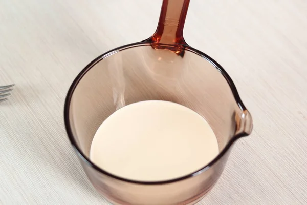 Crème Dans Casserole Lait Série Faire Saumon Pâte Feuilletée — Photo