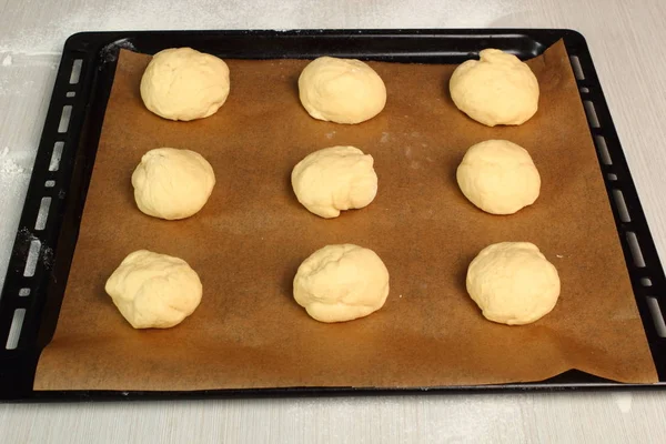 Place Buns Baking Tray Making Yeast Sweet Roll Bun — Stock Photo, Image
