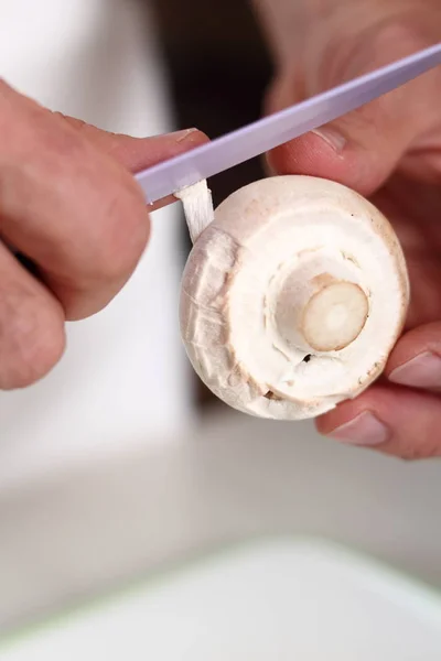 Peeling Mushrooms Making Chicken Cheese Leek Parcel Series — ストック写真