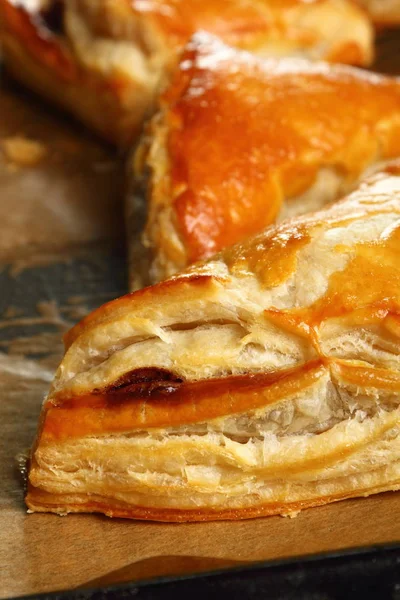 Freshly Baked Pastries Baking Tray Making Chocolate Croissants Puff Pastry — Stock Photo, Image