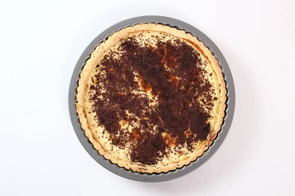 Freshly Baked Tart Chocolate Topping Making Lemon Mascarpone Pie Series — Stock Photo, Image