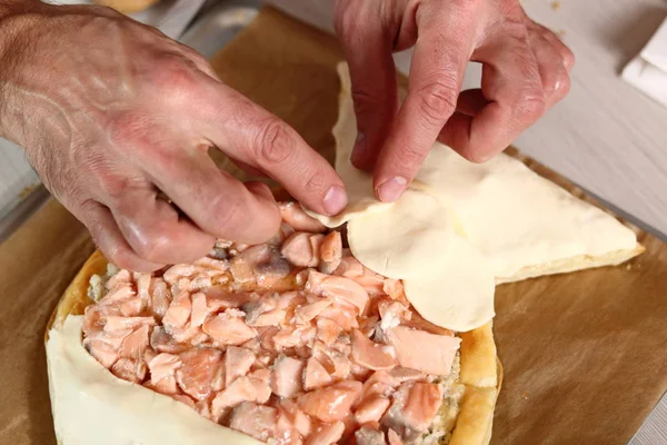 Arrange puff pastry rounds on top of filling. Making Salmon in Puff Pastry Series.