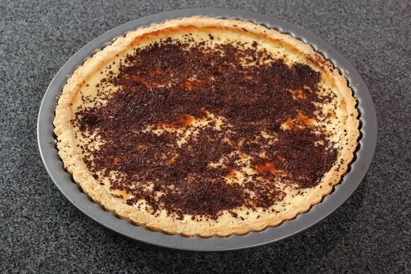 Freshly Baked Tart Chocolate Topping Making Lemon Mascarpone Pie Series — Stock Photo, Image