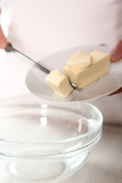 Place Pieces Butter Bowl Making Frozen Strawberry Cheesecake Series — Stock Photo, Image