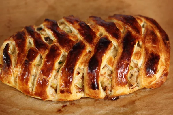 Freshly Baked Pie Making Chicken Cheese Leek Parcel Series — Stock Photo, Image