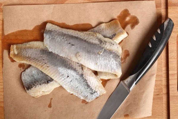 Gekneusde Haring Gezouten Gezouten Huidloze Filets Van Vis Clupea — Stockfoto