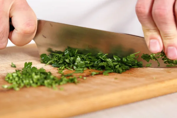 Mincing Parsley Making Salmon Puff Pastry Series — Stok fotoğraf