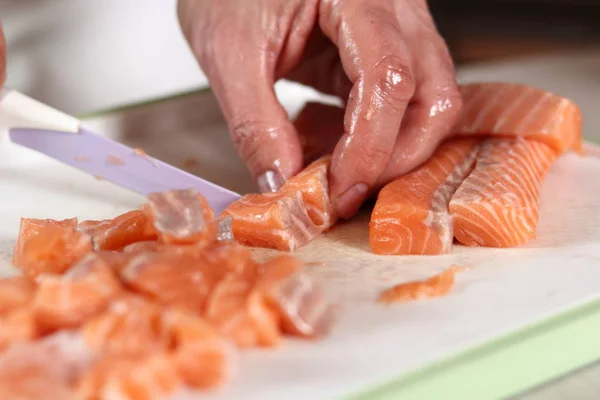 Cutting Salmon Fillet. Making Salmon in Puff Pastry Series.
