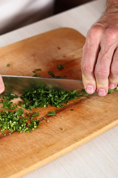Mincing Parsley Making Salmon Puff Pastry Series — Stock Photo, Image