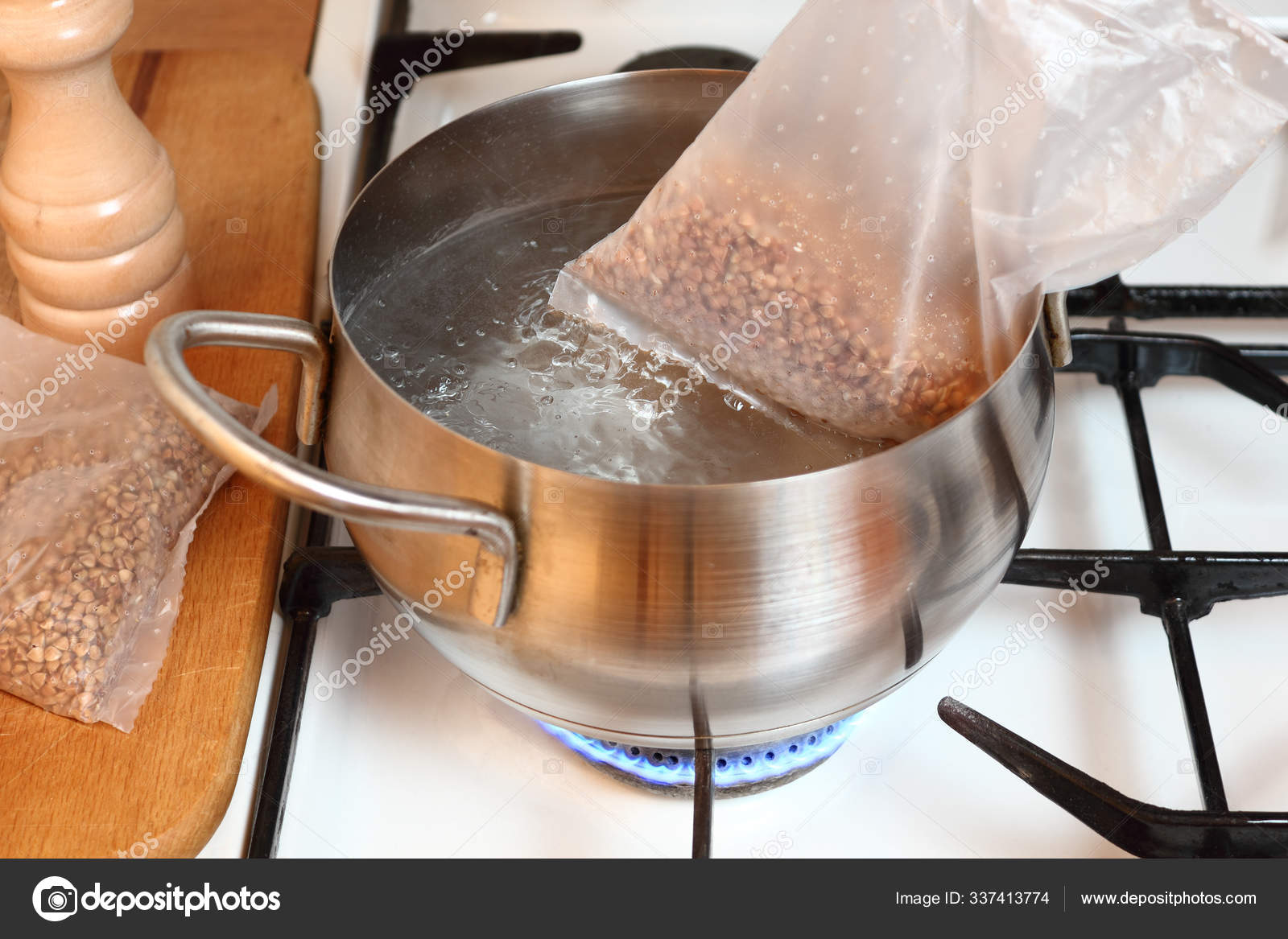 Adding Plastic Sachets Boiling Water Cooking Buckwheat Groats Gas Stove