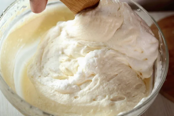 Mixing Whipped Egg Whites Cheese Filling Making Frozen Strawberry Cheesecake — Stock Photo, Image