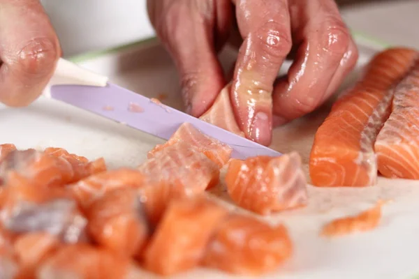 Cutting Salmon Fillet. Making Salmon in Puff Pastry Series.