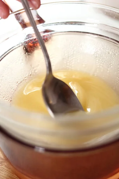 Derreter Manteiga Fazendo Série Cheesecake Morango Congelado — Fotografia de Stock