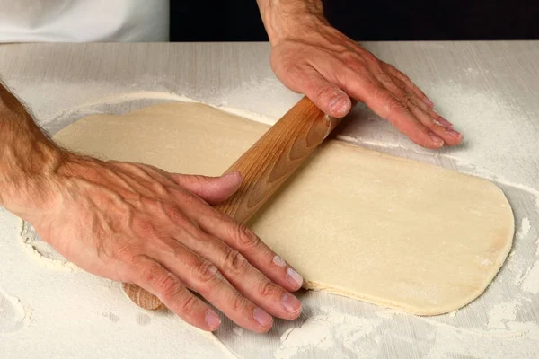Rolling Dough Making Chocolate Croissants Puff Pastry — 스톡 사진