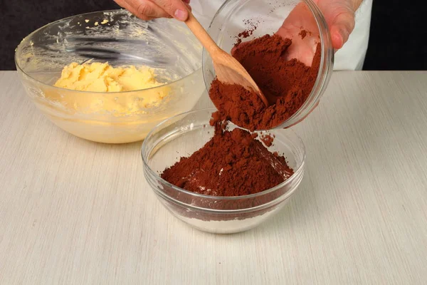 Add Cocoa Powder Flour Mixing Making Chocolate Cookies — 스톡 사진