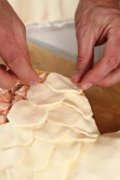 Zorganizować Rundy Ciasta Francuskiego Wierzchu Nadzienia Produkcja Łososia Serii Ciasto — Zdjęcie stockowe