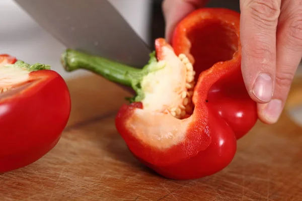 Removing Core Red Bell Pepper Making Chicken Egg Galette Series — Stock Photo, Image